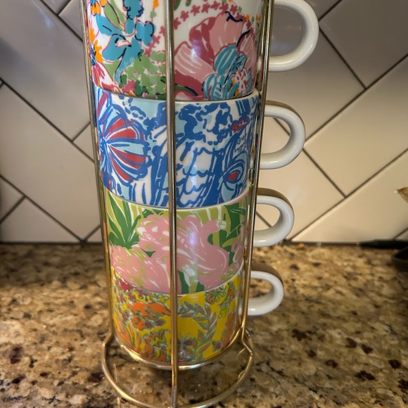 Lilly Pulitzer 4 Stacking Cup Mugs Set 8.8 oz Caddy Stand Target - Picture 1 of 5